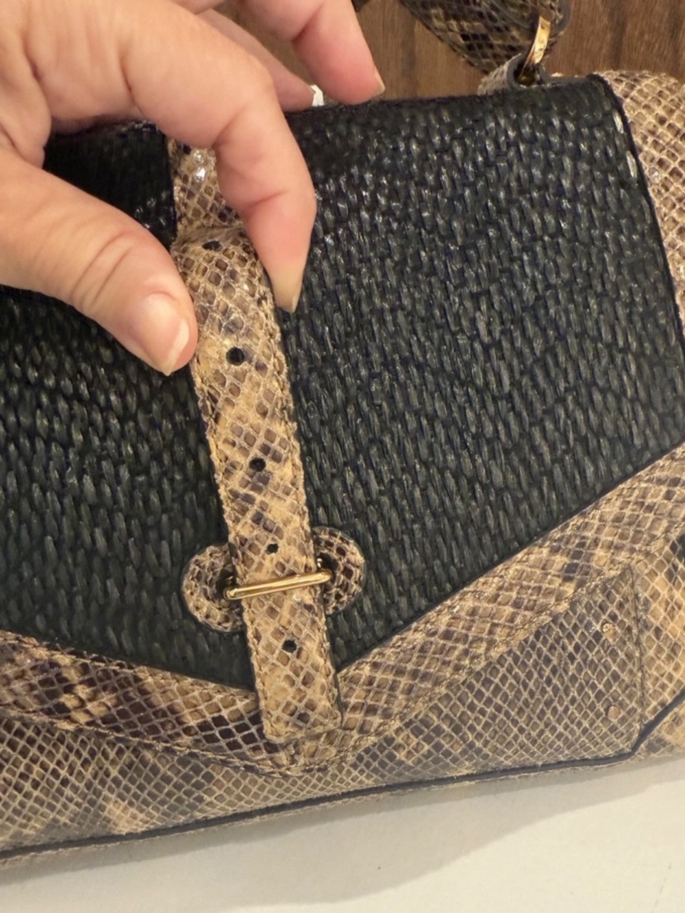 Tory Burch Black Woven and Snake-Print Brown Top Handle Shoulder Bag - Picture 8 of 16